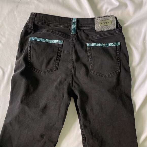 Lawman Western Womens Black Jeans Turquoise Rhinestone Rockabilly Accents Sz 11 - Picture 2 of 13
